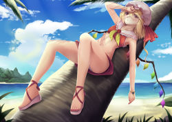 1girl bad_feet beach blonde_hair brown_eyes cloud day embodiment_of_scarlet_devil female_focus flandre_scarlet hat long_legs lying nail_polish navel on_back outdoors palm_tree panties red_skirt sandals skirt sky solo sonikey0_0 toenail_polish toenails touhou tree underwear white_panties wings