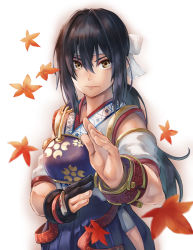 Rule 34 | 1girl, aikidou, armband, black hair, brown eyes, commentary, fighting ex layer, fighting stance, gloves, hakama, headband, hinoru saikusa, hokuto (arika), japanese clothes, leaf, lips, maple leaf, muneate, partially fingerless gloves, partly fingerless gloves, ponytail, simple background, single glove, solo, swept bangs, white background, wristband, yugake