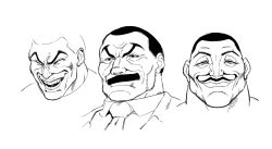 Rule 34 | 2boys, biscuit oliva, buzz cut, collarbone, commentary, conto, cropped head, english commentary, facial hair, grappler baki, greyscale, grin, highres, jack hanma, lips, male focus, monochrome, multiple boys, mustache, necktie, short hair, sketch, smile, sonoda morio, thick eyebrows, thick neck, very short hair