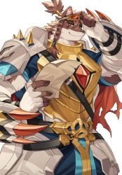 1boy absurdres animal_ears armor braid cartuja_(epic_seven) claws closed_mouth commentary cross_scar english_commentary epic_seven facial_scar fingerless_gloves furry furry_male gloves goggles goggles_on_head highres holding holding_paper looking_at_object male_focus paper red_eyes scar scar_across_eye scar_on_cheek scar_on_face smile spiked_pauldrons white_background white_gloves wolf_boy wolf_ears yed_(yedsilent)