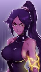 1girl absurdres artist_name bare_shoulders black_leotard bleach bleach:_sennen_kessen-hen breasts collarbone dark-skinned_female dark_skin electricity female_focus hair_ornament highres ivizard_art93 large_breasts leotard long_hair looking_at_viewer ponytail purple_hair shihouin_yoruichi sideboob simple_background smile upper_body yellow_eyes