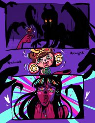 1boy 1girl 3koma absurdres age_difference alternate_eye_color alternate_form arm_rest awestruck black_hair black_nails blunt_bangs blush_stickers colored_skin comic demon_girl demon_horns demon_wings demonio_fleur disembodied_hand elbow_rest emphasis_lines english_text extra_arms flying_teardrops full_body furrowed_brow glowing glowing_eyes hana_hana_no_mi highres horns lips long_hair looking_at_another multicolored_background nico_robin official_alternate_skin_color one_piece open_mouth orange_eyes outside_border purple_background purple_theme red_skin scared size_difference smile solid_circle_eyes sound_effects standing tearing_up tony_tony_chopper trembling tsurime wigglesdtuff wings