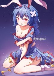 1girl animal_ears ar_(maeus) bandaid bandaid_on_head blue_background blue_dress blue_hair breasts cleavage commentary_request crossed_bandaids defeat dress earclip full_body highres long_hair moon_print open_mouth puffy_short_sleeves puffy_sleeves rabbit_ears red_eyes seiran_(touhou) short_sleeves simple_background sitting socks solo star_(sky) star_(symbol) star_print starry_sky_background tearing_up torn_clothes touhou twitter_username wariza white_socks