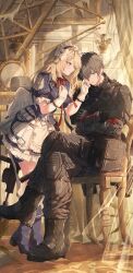 1boy 1girl absurdres aqua_eyes assault_rifle black_boots black_gloves black_pants blitz_predator blonde_hair blue_boots blush boots centaureissi_(girls&#039;_frontline_2) chair closed_eyes closed_mouth commander_(girls&#039;_frontline) commentary crossed_arms crossed_legs dress earrings full_body g36_(girls&#039;_frontline) girls&#039;_frontline girls&#039;_frontline_2:_exilium gloves gun highres indoors jewelry long_hair looking_at_another maid maid_headdress neck_ribbon on_chair pants partially_fingerless_gloves red_ribbon ribbon rifle short_hair sitting smile suppressor tactical_clothes weapon white_gloves