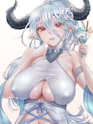 1girl absurdres alternate_costume bare_shoulders blush breasts center_opening cleavage covered_erect_nipples cup draph female_focus flower food granblue_fantasy hair_between_eyes hair_flower hair_ornament hairclip highres horns ice_cream ice_cream_cup izmir izmir_(summer)_(granblue_fantasy) large_breasts long_hair looking_at_viewer nail_polish parted_lips pointy_ears ponytail red_eyes silver_hair smile solo swimsuit tasselcat underboob upper_body