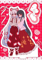 2girls baggy_pants black_hair blue_hair blunt_ends blush boots border bow buttons checkered_background closed_mouth cloud_print collared_shirt colored_inner_hair commentary_request crossed_arms footwear_bow frills fujiwara_no_mokou full_body grey_hair grey_shirt hair_bow hands_on_another&#039;s_shoulder hands_up heart heart_of_string highres houraisan_kaguya japanese_clothes leaf_print long_hair long_sleeves looking_at_viewer maple_leaf_print multicolored_hair multiple_girls ofuda ofuda_on_clothes pants parted_bangs pink_shirt puffy_long_sleeves puffy_sleeves red_background red_boots red_eyes red_pants red_skirt shirt sidelocks skirt standing suspenders ta_mi_01000 touhou v-shaped_eyebrows very_long_hair white_border white_bow wide_sleeves yuri