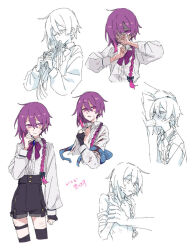 1boy 1girl asymmetrical_legwear azuma_shino bandages black_ribbon bow braid braided_ponytail braiding_hair brooch collage fellatio hairdressing hand_on_another&#039;s_wrist hands_up injury jewelry nia_(azuma_shino) oral purple_bow purple_eyes purple_hair ribbon shirt shorts sketch skinny tentacles white_background white_shirt