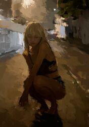 1girl black_bra black_panties blonde_hair blunt_bangs bra building closed_eyes full_body fuyumurasaki highres house night original outdoors painterly panties road solo squatting underwear