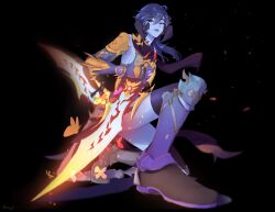 1girl absurdres au_ra warrior_of_light_(ff14) black_background black_gloves black_hair black_thighhighs blue_eyes blue_skin colored_skin commission detached_sleeves dual_wielding final_fantasy final_fantasy_xiv gloves hair_between_eyes highres holding holding_weapon long_hair ninja_(final_fantasy) noroiju on_one_knee scarf solo thighhighs weapon