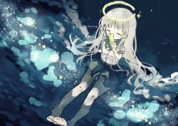 1girl absurdres bare_legs barefoot blue_background blue_skirt blush_stickers bow broken_halo buttons circle_skirt closed_eyes commentary_request covering_own_mouth green_bow green_sailor_collar grey_hair hair_over_shoulder halo hand_up highres holding holding_tanzaku light_particles long_hair miniskirt original pleated_skirt sailor_collar sasaxxxx06 school_uniform serafuku shirt short_sleeves sitting skirt solo star_(symbol) tanzaku toes traditional_halo twitter_username very_long_hair white_shirt yellow_halo