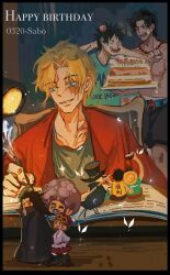 1girl 5boys ^_^ afro birthday_cake black_shorts blonde_hair blue_eyes book brothers bug butterfly cake character_name closed_eyes commentary_request dated emporio_ivankov facial_tattoo food food_on_face happy_birthday highres insect jewelry koala_(one_piece) looking_at_viewer monkey_d._dragon monkey_d._luffy multiple_boys necklace one_eye_closed one_piece open_mouth pearl_necklace portgas_d._ace sabo_(one_piece) scar scar_on_face shiyuzai shorts siblings tattoo v
