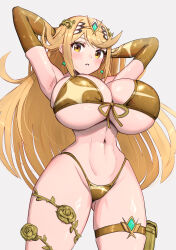 Rule 34 | 1girl, alternate costume, arms behind head, bikini, blonde hair, blush, breasts, curvy, earrings, elbow gloves, front-tie bikini top, front-tie top, gloves, gold bikini, gonzarez, hair ornament, highleg, highleg bikini, highres, huge breasts, jewelry, long hair, looking at viewer, mythra (xenoblade), simple background, swimsuit, thick thighs, thigh strap, thighs, white background, xenoblade chronicles (series), xenoblade chronicles 2, yellow eyes