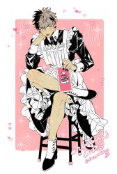 1boy alternate_costume ankle_cuffs apron black_dress black_hair black_nails black_shoes blush brown_hair buttoned_cuffs buttons character_name collared_dress crimzon_ruze crossdressing d0gpeace dress ear_piercing earrings elbow_on_knee elbow_rest english_text enmaided figure_four_sitting frilled_apron frilled_dress frills full_body hand_on_own_cheek hand_on_own_face head_rest heart highres holding holding_menu holostars jewelry juliet_sleeves long_sleeves maid maid_apron male_focus male_maid menu multicolored_hair nail_polish on_stool piercing pink_background pointy_ears puffy_sleeves purple_eyes scar scar_on_leg shoes short_hair sitting sleeve_cuffs solo sparkle sparkle_background stool tareme tongue tongue_out two-tone_hair virtual_youtuber