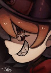 1girl cigar closed_eyes gloves grin hat highres orange_hair peacock_(skullgirls) portrait raphusovo recursion sharp_teeth skullgirls smile smoking solo teeth top_hat