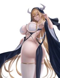 Rule 34 | 1girl, absurdres, armpits, ass, azur lane, bare shoulders, black dress, black veil, blonde hair, breasts, closed mouth, cross, dress, from behind, hair between eyes, hair over shoulder, hand up, highleg, highres, horns, huge breasts, implacable (azur lane), long hair, long hair between eyes, looking at viewer, navel, nun, pelvic curtain, red eyes, revealing clothes, skindentation, solo, thick thighs, thighhighs, thighs, transparent background, twisted torso, veil, very long hair, wedgie, white horns, white thighhighs, wide sleeves, yuzuriha (pixiv 14248010)