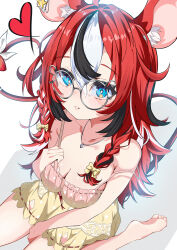 Rule 34 | absurdres, animal ear fluff, animal ears, babydoll, black streaks, blue eyes, bow, braid, breasts, cleavage, double-parted bangs, grey-framed eyewear, hair bow, hakos baelz, hakos baelz (5th costume), hand on own chest, highres, hololive, hololive english, jewelry, light blush, looking at viewer, low twin braids, medium breasts, mouse ears, mouse tail, multicolored hair, necklace, neko skk, parted lips, pink babydoll, red hair, ribbon, round eyewear, sitting, strap slip, streaked hair, tail, tail ornament, tail ribbon, twin braids, virtual youtuber, white streaks, yellow babydoll, yellow bow