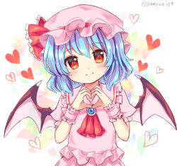 1girl ascot bat_wings blue_hair closed_mouth collared_shirt frilled_shirt_collar frills hat heart heart-shaped_pupils heart_hands looking_at_viewer mob_cap pink_hat pink_shirt pink_skirt puffy_short_sleeves puffy_sleeves ramudia_(lamyun) red_ascot red_eyes red_ribbon remilia_scarlet ribbon shirt short_hair short_sleeves skirt smile solo symbol-shaped_pupils touhou twitter_username upper_body white_background wings wrist_cuffs