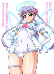 1girl asu_(hengaya) bow breasts clothes_tug covered_navel cowboy_shot djibril_aries elbow_gloves from_below gloves green_eyes hair_bow halo hand_on_own_stomach highres jewelry jinno_hikari legs_together leotard long_hair looking_at_viewer magical_girl makai_tenshi_djibril makai_tenshi_djibril_2 medium_breasts pink_bow puffy_sleeves purple_hair shiny_skin sidelocks simple_background smile solo standing thigh_gap thighlet translation_request twintails white_background white_gloves white_leotard wings