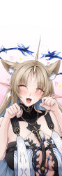 Rule 34 | 1girl, absurdres, animal ear fluff, animal ears, black collar, blonde hair, blue hair, blush, breasts, cat ears, closed eyes, collar, colored inner hair, commentary, crown of thorns, ear blush, earrings, facing viewer, fleurdelys (wuthering waves), floating earrings, gradient background, hands up, highres, horns, huge breasts, jewelry, kemonomimi mode, long hair, long horns, multicolored hair, necklace, open mouth, out of character, parted bangs, paw pose, pink background, pointy ears, sidelocks, single horn, solo, tacet mark (wuthering waves), upper body, west (user frmf8438), white background, wuthering waves, yellow horns