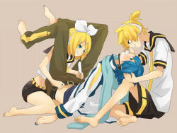 1girl 2boys akiyoshi akiyoshi_(tama-pete) aqua_eyes bad_id bad_pixiv_id barefoot bisexual_male blonde_hair blue_hair blue_scarf blush bullying food hair_ornament hair_ribbon hairclip kagamine_len kagamine_rin kaito_(vocaloid) multiple_boys necktie popsicle ribbon scarf sexually_suggestive short_hair siblings smile twins vocaloid yellow_necktie you_gonna_get_raped