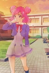 Rule 34 | 1girl, :o, aizen (syoshiyuki), blue socks, bow, dress, hair behind ear, hand on own face, highres, jacket, kneehighs, l&#039;ecole des cinq lumieres school uniform, looking at viewer, open mouth, pink eyes, pink hair, precure, purple dress, purple jacket, red bow, school, school uniform, socks, striped clothes, striped dress, sunset, two side up, wind, yes! precure 5, yumehara nozomi