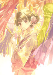 1girl blunt_bangs brown_eyes brown_hair closed_mouth commentary_request cowboy_shot finger_to_mouth floral_print flower from_side hair_flower hair_ornament hands_up highres holding holding_tanzaku japanese_clothes kimono long_sleeves looking_at_viewer marutani original pink_kimono print_kimono short_hair shushing smile solo standing tanabata tanzaku wide_sleeves yukata
