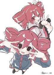 2girls ahoge belt black_belt black_eyes black_skirt black_sleeves blush bow breast_pocket buttons collared_shirt detached_sleeves double_v drill_hair dual_persona eguwi flat_chest from_above grey_jacket grey_skirt hair_between_eyes hair_bow hair_ribbon hand_up highres jacket kasane_teto kasane_teto_(sv) kasane_teto_(utau) layered_skirt layered_sleeves looking_at_viewer multiple_girls navel open_mouth pocket red_belt red_eyes red_hair red_skirt red_trim ribbon shirt shoulder_belt sitting skirt sleeveless sleeveless_shirt standing synthesizer_v translation_request twin_drills utau v v_over_eye white_bow white_ribbon wing_collar