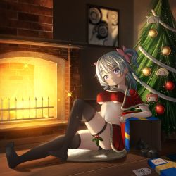 1girl 2_ru absurdres akino_kaede anklet artist_name belt blue_eyes blue_hair bow breasts brick carpet christmas christmas_ornaments christmas_tree cloak coal convenient_censoring crop_top earrings feet fir_tree fire fireplace fur_trim gift highres jewelry leg_up magia_record:_mahou_shoujo_madoka_magica_gaiden mahou_shoujo_madoka_magica medium_breasts medium_hair midriff minami_rena mistletoe navel panties picture_frame pleated_skirt ring rug santa_costume signature sitting skirt smug solo sparkle tag thighhighs tinsel toes togame_momoko tree twintails underboob underwear wooden_floor