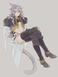 1boy abs armor armored_boots black_boots boots closed_mouth crop_top cropped_jacket crossed_legs feather_hair_ornament feathers final_fantasy final_fantasy_ix floating full_body gold_trim grey_background grey_eyes grey_hair hair_between_eyes hair_ornament hand_on_own_knee highres jacket kuja long_hair looking_at_viewer male_focus midriff monkey_tail purple_jacket sash shirt shoulder_armor smile solo tail thigh_boots thighs trap waist_sash wavy_hair white_shirt yoshidaaaan