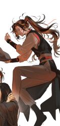 1boy absurdres ahoge black_boots black_hair black_hanfu boots brown_hair chinese_clothes closed_eyes full_body grey_pants hair_ribbon hanfu high_ponytail highres korean_commentary long_hair long_sleeves lying male_focus modao_zushi multiple_views niken_(niken_ouo) on_side out_of_frame pants parted_lips ponytail profile red_ribbon ribbon robe sash sidelocks simple_background sleeping tunic wei_wuxian white_background