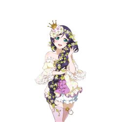 1girl :d aqua_eyes bare_shoulders blush braid crown dress fairy_tale_(love_live!) floral_print flower flower_braid frilled_dress frilled_sleeves frills hair_flower hair_ornament hair_over_shoulder hair_vines holding holding_own_hair long_hair looking_at_viewer love_live! love_live!_school_idol_festival love_live!_school_idol_project mini_crown off-shoulder_dress off_shoulder official_alternate_costume official_alternate_hairstyle official_art open_mouth pinstripe_thighhighs plant purple_hair purple_thighhighs single_braid smile solo striped_clothes striped_thighhighs thighhighs third-party_source tojo_nozomi transparent_background vertical-striped_clothes vertical-striped_thighhighs very_long_hair vines wide_sleeves