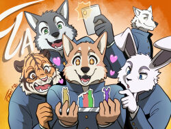 5boys animal_ears closed_mouth commentary dog_boy dog_ears english_commentary fangs fruitz_(fruitzjam) furry furry_male haruki_koizumi_(tennis_ace) heart highres jun_kobayashi_(tennis_ace)artist_name male_focus merchandise_available multiple_boys open_mouth rabbit_boy rabbit_ears shoichi_urata_(tennis_ace) smile tennis_ace_(visual_novel) tiger_boy tiger_ears tiger_stripes urushihara_keisuke_(tennis_ace) wolf_boy wolf_ears yuuichi_michimiya_(tennis_ace)