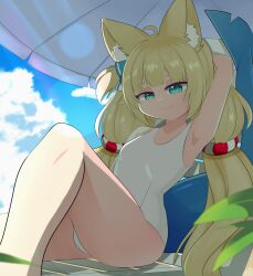 Rule 34 | 1girl, absurdres, ahoge, alternate costume, animal ears, arm up, armpits, beach chair, beach umbrella, blonde hair, blue bow, blue sky, bow, breasts, cat ears, closed mouth, cloud, fins, fish girl, fish tail, green eyes, hair bow, highres, indie virtual youtuber, lifebuoy hair ornament, long hair, low twintails, one-piece swimsuit, one side up, sameko saba, shion (shion aster), sky, small breasts, smile, solo, swimsuit, tail, twintails, umbrella, very long hair, virtual youtuber, white one-piece swimsuit