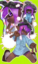 1girl :d :o bandana black_bandana blue_sweater brown_footwear chibi colored_tongue commentary_request dark-skinned_female dark_skin dolphin_shorts double_gyaru_v eyebrow_cut fangs full_body green_background grey_eyes grey_shorts gyaru_v hand_to_own_mouth head_tilt highres inkling inkling_girl inkling_player_character kneeling leg_warmers long_hair long_sleeves looking_at_viewer multiple_views naoki_(oosuko) nintendo open_mouth outstretched_arms pointy_ears print_sweater purple_eyes purple_hair purple_tongue purple_trim shorts sidelocks smile splatoon_(series) sweater tentacle_hair thick_eyebrows v watermark white_leg_warmers