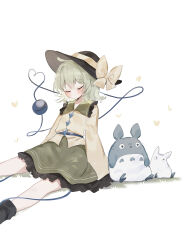 1girl black_boots black_hat blush boots buttons closed_mouth collared_shirt crossover diamond_button frilled_shirt_collar frilled_skirt frilled_sleeves frills green_hair green_skirt hair_between_eyes hat hat_ribbon heart heart_of_string highres komeiji_koishi long_sleeves ribbon shirt short_hair simple_background skirt sleeves_past_fingers sleeves_past_wrists solo sorani_(kaeru0768) third_eye tonari_no_totoro totoro touhou white_background wide_sleeves yellow_ribbon yellow_shirt