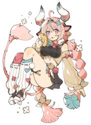 1girl :o ahoge animal_ears bell bell_earrings black_skirt braid breasts brown_sleeves commentary_request cow_ears cow_girl cow_horns cow_tail cowlick detached_sleeves earrings expressionless food genshin_impact highres holding holding_food horns jewelry knees_up leg_warmers long_hair long_sleeves looking_at_viewer midriff multicolored_hair nanase_(nanataroo_7) open_mouth pink_hair pleated_skirt purple_eyes simple_background single_thighhigh skirt solo streaked_hair taco tail thighhighs twin_braids varesa_(genshin_impact) white_background white_leg_warmers