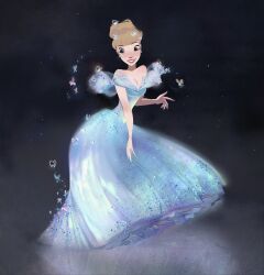1girl bare_arms bare_shoulders black_background black_eyes blonde_hair blue_dress breasts bug butterfly butterfly_on_head cinderella_(disney_character) cinderella_(disney_movie) cleavage commentary dress earrings english_commentary full_body gown hair_bun hand_on_lap highres insect jewelry light_blush light_particles lipstick long_dress looking_at_viewer makeup open_mouth petticoat red_lips reflective_floor short_hair single_hair_bun smile solo sphere_earrings standing stardust_axel strap_slip teeth updo
