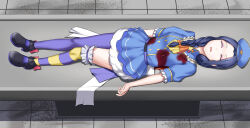 1girl absurdres akiba_maid_sensou blood blue_hair braid breasts closed_eyes corpse death goru gunshot_wound highres kneehighs maid morgue nerula_(akiba_maid_sensou) open_mouth purple_thighhighs small_breasts socks solo striped_clothes striped_socks thighhighs