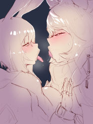 2girls absurdres after_kiss amiya_(arknights) animal_ears arknights barbed_tongue blush braid closed_eyes half-closed_eyes highres hitobashira_(1746164306) kiss_focus leopard_ears leopard_girl limited_palette lips long_hair long_tongue looking_at_another multiple_girls open_mouth pramanix_(arknights) rabbit_ears rabbit_girl saliva saliva_trail short_hair size_difference sketch sweat tongue tongue_out turtleneck yuri