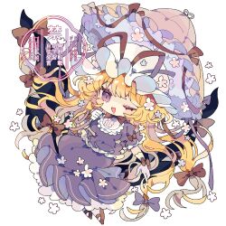 1girl ;d absurdres blonde_hair blush bow dress full_body gap_(touhou) glove_bow gloves hat hat_ribbon highres holding holding_umbrella long_hair mob_cap nikorashi-ka one_eye_closed open_mouth purple_dress purple_eyes red_bow red_ribbon red_shoes ribbon shoes short_sleeves simple_background sitting smile socks solo touhou umbrella watermark white_background white_gloves white_hat white_socks yakumo_yukari
