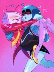 2girls absurdres ant_tenna beamed_eighth_notes black_skirt blue_gloves blush carrying carrying_person closed_mouth commentary crt deltarune eighth_note elbow_gloves english_commentary fangs flying_sweatdrops genderswap genderswap_(mtf) gloves gradient_background highres joints lipstick long_sleeves makeup mole mole_under_eye multiple_girls musical_note necktie o3o object_head open_mouth pencil_skirt pink_background pointy_nose princess_carry purple_background quarter_note queen_(deltarune) red_lips robot_joints shoes skirt sweat tailcoat vemmies yellow_necktie yellow_shoes yuri
