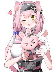 1girl ;d absurdres animal_ears arknights black_choker black_hairband blush bow bright_pupils choker goldenglow_(arknights) hair_bow hairband heart highres holding holding_stuffed_toy looking_at_viewer medium_hair one_eye_closed open_mouth pink_hair pink_tail purple_bow shirt short_sleeves simple_background smile solo spam_(spamham4506) stuffed_animal stuffed_toy tail tail_raised white_background white_pupils white_shirt yellow_eyes