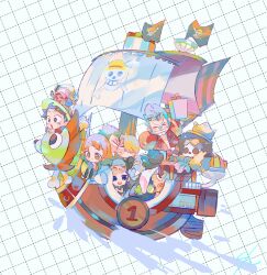 &gt;_&lt; 2girls 6+boys afro antlers black_hair blonde_hair blue_hair brook_(one_piece) commentary_request cross crown eyewear_on_head forehead-to-forehead franky_(one_piece) green_hair half_updo hat headphones heads_together horns jinbe_(one_piece) jolly_roger korean_commentary long_hair long_nose monkey_d._luffy multiple_boys multiple_girls nami_(one_piece) nico_robin nico_robin_(return_to_sabaody) one_piece orange_hair pink_hat pirate_ship profile prow reindeer_antlers roronoa_zoro sanji_(one_piece) senzzang smile straw_hat straw_hat_pirates straw_hats_jolly_roger thousand_sunny tony_tony_chopper usopp veil