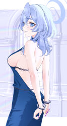 1girl absurdres ako_(blue_archive) ako_(dress)_(blue_archive) aqua_hair arms_behind_back backless_dress backless_outfit blue_archive blue_dress blue_eyes blue_halo blush bound breasts clenched_teeth cuffs dress earrings hair_between_eyes hair_ornament halo handcuffs highres jewelry large_breasts long_hair looking_at_viewer looking_back nicorinu official_alternate_costume official_alternate_hairstyle parted_lips purple_nails sideboob solo teeth