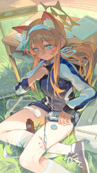 1girl absurdres adjusting_collar animal_ear_fluff bandages black_shoes black_shorts blood blood_on_leg blue_archive blue_eyes blue_jacket blue_ribbon bottle cat_girl chinese_commentary closed_mouth commentary cuts desk double-parted_bangs first_aid flower foot_out_of_frame from_above gym_shorts gym_uniform hair_flower hair_flowing_over hair_ornament hair_ribbon hair_spread_out hairband halo highres holding holding_bottle injury jacket mari_(blue_archive) mari_(track)_(blue_archive) multicolored_jacket official_alternate_costume official_alternate_hairstyle omurice_(304975636) on_grass orange_hair outdoors paper plastic_bottle ponytail pouring pouring_onto_self ribbon school_desk shoelaces shoes shorts sidelocks sitting socks solo track_jacket two-tone_jacket water_bottle white_flower white_hairband white_jacket white_socks yellow_halo yokozuwari