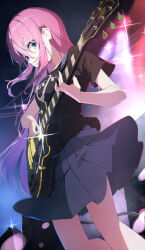 1girl absurdres black_shirt blue_eyes bocchi_the_rock! floating_hair gotoh_hitori grey_skirt hair_between_eyes highres instrument long_hair makasamalove miniskirt music pink_hair playing_guitar playing_instrument pleated_skirt print_shirt shirt short_sleeves skirt solo spotlight stage straight_hair t-shirt very_long_hair