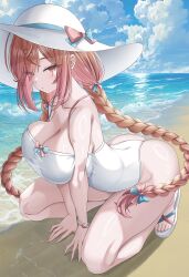 1girl ahoge arched_back ass bare_arms bare_legs bare_shoulders beach blue_bow blue_sky bow bow_swimsuit bracelet braid breasts cleavage cloud cloudy_sky collarbone commentary_request eyes_visible_through_hair fingernails from_side gradient_hair hair_bow hair_ornament hair_over_one_eye hands_on_ground hat highres hololive hololive_dev_is ichijou_ririka jewelry kennedukennedy1 kneeling large_breasts long_fingernails long_hair looking_at_viewer low_twin_braids multicolored_hair ocean one-piece_swimsuit orange_eyes orange_hair orange_nails parted_lips pink_bow pink_hair sand sandals shiny_skin shore sidelocks sideways_glance sky solo strapless strapless_one-piece_swimsuit sun_hat swimsuit thighs toenails twin_braids two-tone_bow v_arms very_long_hair virtual_youtuber waves white_hat white_one-piece_swimsuit white_sandals