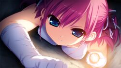 1girl black_ribbon blue_eyes breast_press breasts claustrophobia crawling elbow_gloves flashlight fumio_(ura_fmo) game_cg gloves grisaia_(series) grisaia_no_meikyuu hair_ribbon holding holding_flashlight komine_sachi looking_at_viewer medium_breasts non-web_source pink_hair ribbon serious short_hair solo tank_top white_gloves white_tank_top