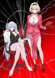 2girls absurdres alternate_costume black_hairband blonde_hair breasts broken_glass choker cinderella_(nikke) cleavage coat glass goddess_of_victory:_nikke hairband highres kirrafragile multiple_girls pink_coat red_eyes red_shoes_(nikke) white_coat white_hair
