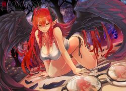1boy 1girl age_difference ahoge all_fours artist_logo artist_name bare_arms bare_legs bare_shoulders barefoot black-framed_eyewear black_feathers black_horns black_panties black_shirt black_wings blush breasts brother_and_sister character_name cleavage closed_mouth collarbone commentary_request commission commissioner_name demon_horns duplicate earrings embarrassed feathered_wings feathers furrowed_brow glasses hair_between_eyes hands_on_own_face highres horns isabella_(marse) jewelry large_breasts logo long_hair looking_at_another looking_at_viewer mole mole_on_breast mole_under_mouth necklace onee-shota original panties pillow red_hair reflective_eyewear sergio_nhur shirt siblings sky solo_focus star_(sky) starry_sky tank_top thick_thighs thighs toes twitter_username underwear very_long_hair white_tank_top wings yellow_eyes